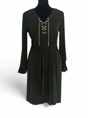 Michael Kors Olive Lace Up Belted Long Sleeve Shift Dress Size S